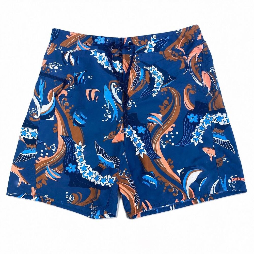 Patagonia Vintage Board Shorts Fish Floral Blue Men’s 33 Coastal Surf
